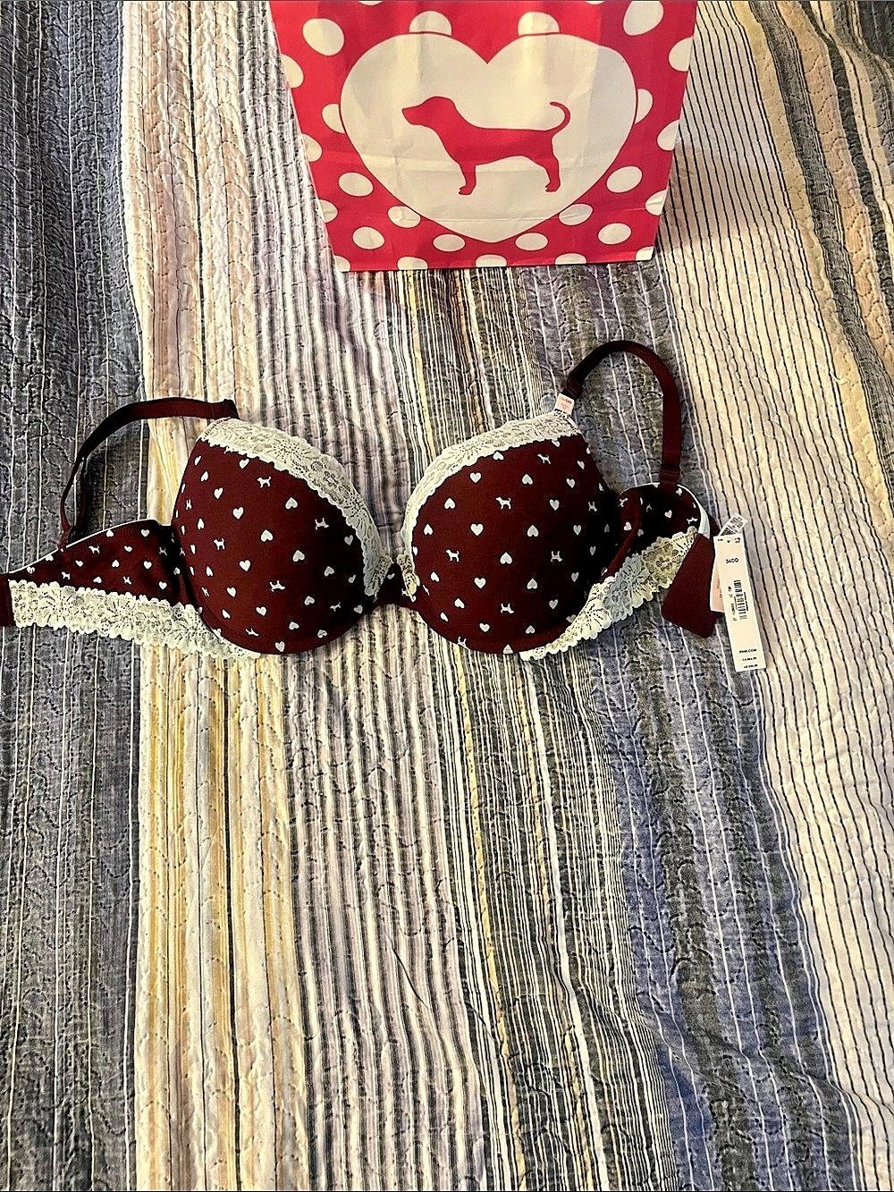 PINK Victoria's Secret Polka Dot Lace Bra in Brown & Red